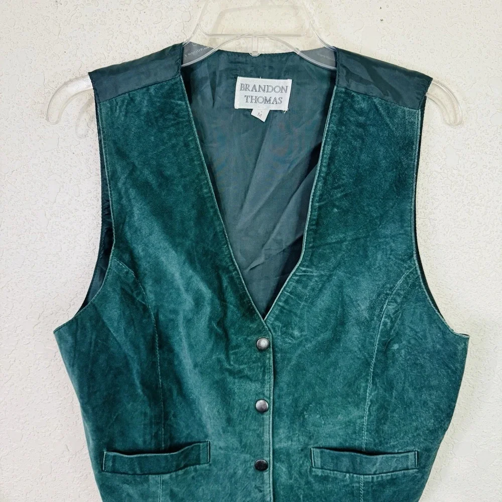 Vintage Brandon Thomas Mens Green‎ Leather Vest M Elastic Back Snap Western